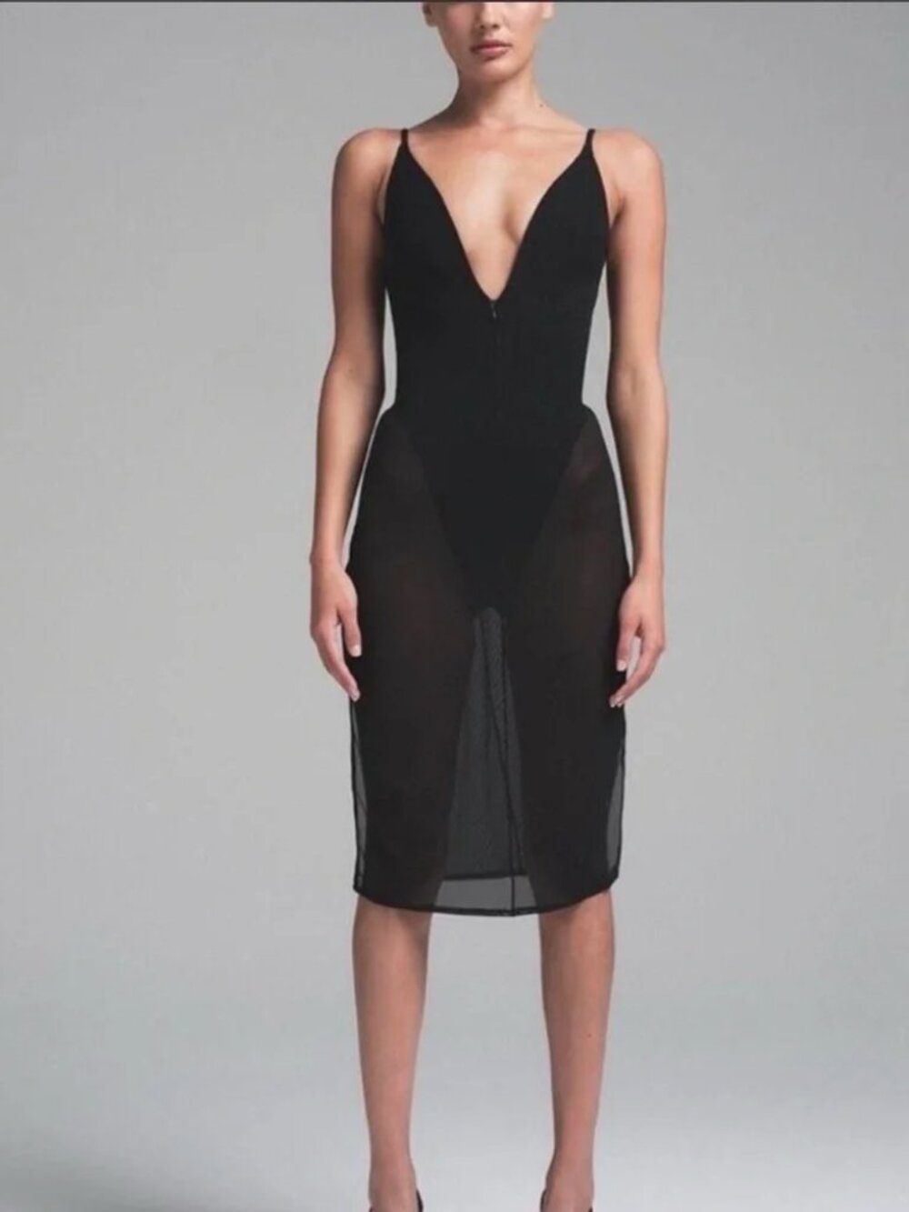 SKIMS Black Power Plunge Mesh Midi Dress Size XS New With Tags